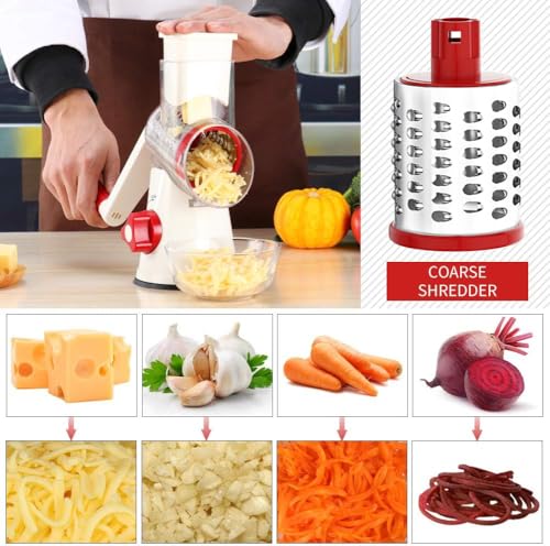 Cambom Rotary Cheese Grater Hand Crank Cheese Shredder for Fresh Cheese, Vegetable, Nuts,Non-slip Suction Base, Free Cleaning Brush Three Blades,Red White - Image 2