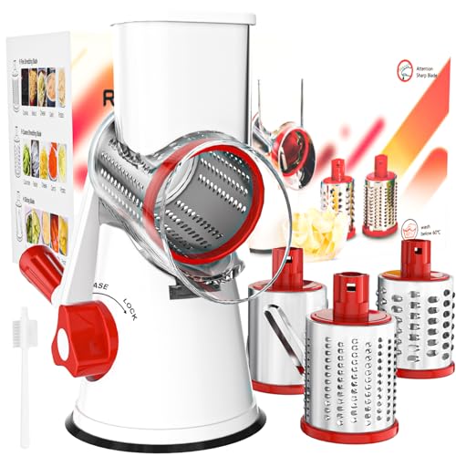 Cambom Rotary Cheese Grater Hand Crank Cheese Shredder for Fresh Cheese, Vegetable, Nuts,Non-slip Suction Base, Free Cleaning Brush Three Blades,Red White - Image 1