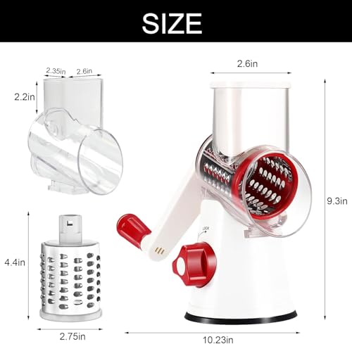 Cambom Rotary Cheese Grater Hand Crank Cheese Shredder for Fresh Cheese, Vegetable, Nuts,Non-slip Suction Base, Free Cleaning Brush Three Blades,Red White - Image 5