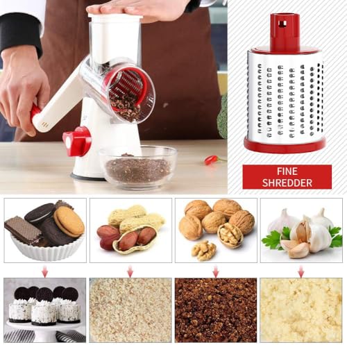 Cambom Rotary Cheese Grater Hand Crank Cheese Shredder for Fresh Cheese, Vegetable, Nuts,Non-slip Suction Base, Free Cleaning Brush Three Blades,Red White - Image 3
