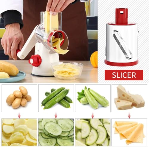 Cambom Rotary Cheese Grater Hand Crank Cheese Shredder for Fresh Cheese, Vegetable, Nuts,Non-slip Suction Base, Free Cleaning Brush Three Blades,Red White - Image 4