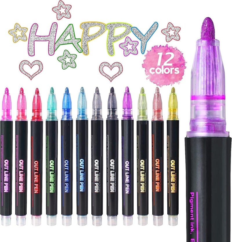 Super Toy SUPER TOY 12 Pc Metallic Double Line Outline Markers Glitter Pen Set for Rock Painting, Glass, Mug, Wood, Fabric, Canvas, DIY Craft with Fine Medium Tip Perfect Creative Gift Idea  - Image 1