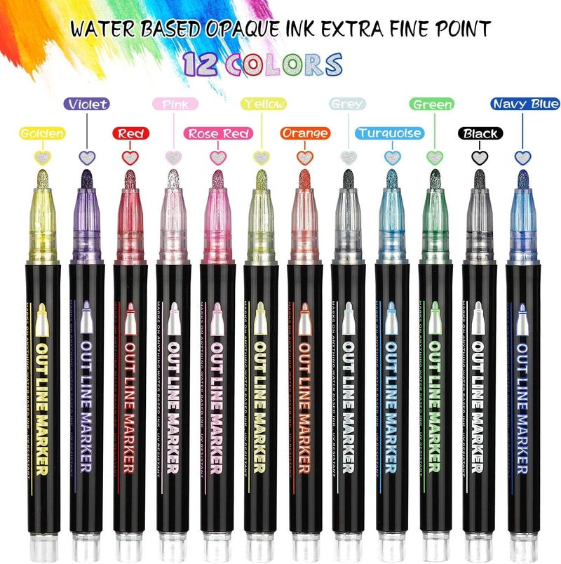 Super Toy SUPER TOY 12 Pc Metallic Double Line Outline Markers Glitter Pen Set for Rock Painting, Glass, Mug, Wood, Fabric, Canvas, DIY Craft with Fine Medium Tip Perfect Creative Gift Idea  - Image 2