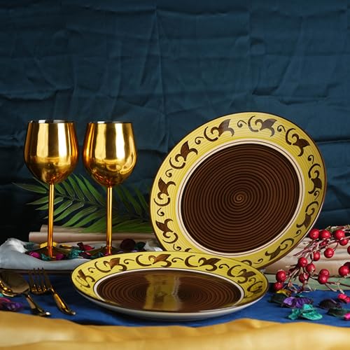 Caffeine Ceramic Handmade Stoneware Brown & Yellow Leaf Quarter Plate 7”(Set of 4 Dishwasher & Microwave Safe) - Image 3