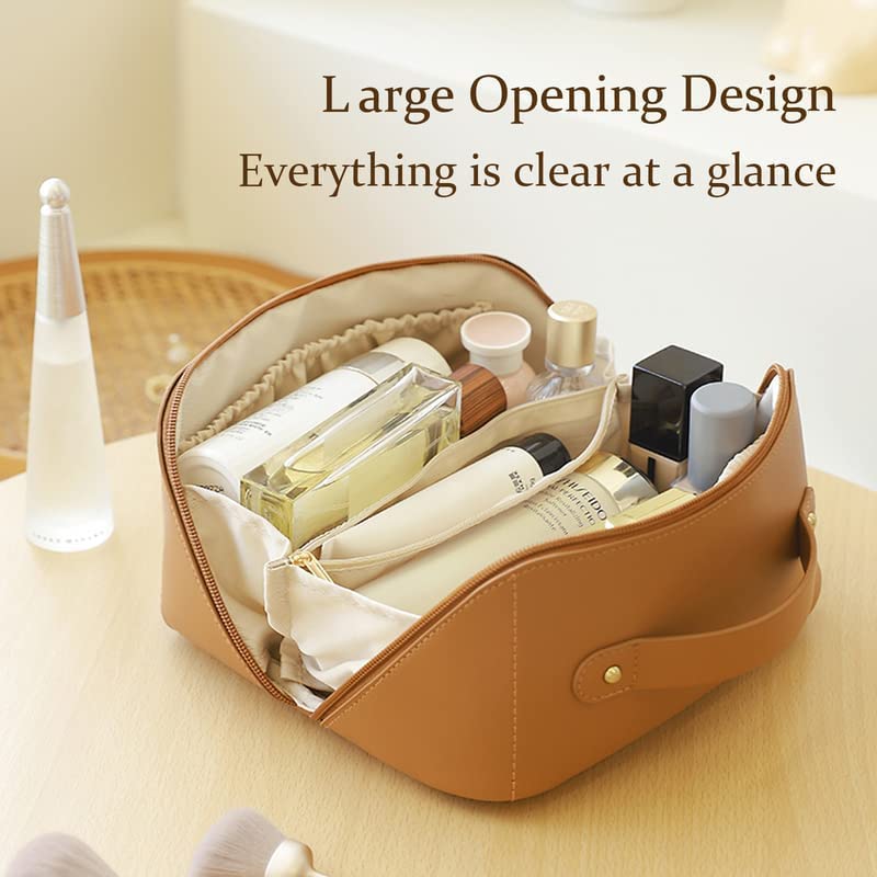 Awestuffs Luxury Cosmetic Bag - Makeup Bag, Portable Waterproof PU Leather Make Up Bag, Travel Makeup Bag Flat Lay Cosmetic Bag Makeup Organizer Bag with Handle and Divider (Brown) - Image 2