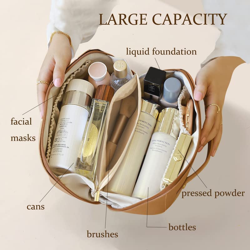 Awestuffs Luxury Cosmetic Bag - Makeup Bag, Portable Waterproof PU Leather Make Up Bag, Travel Makeup Bag Flat Lay Cosmetic Bag Makeup Organizer Bag with Handle and Divider (Brown) - Image 3