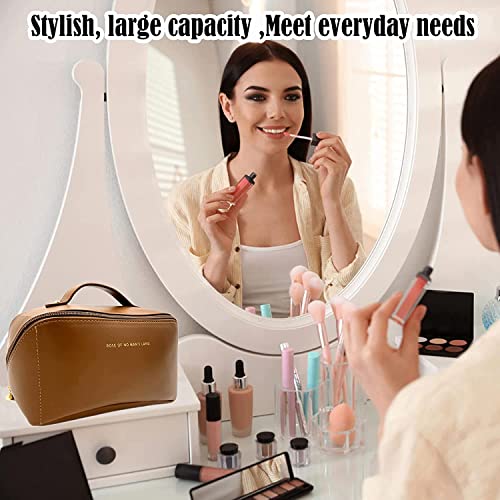 Awestuffs Luxury Cosmetic Bag - Makeup Bag, Portable Waterproof PU Leather Make Up Bag, Travel Makeup Bag Flat Lay Cosmetic Bag Makeup Organizer Bag with Handle and Divider (Brown) - Image 4