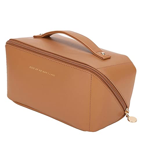 Awestuffs Luxury Cosmetic Bag - Makeup Bag, Portable Waterproof PU Leather Make Up Bag, Travel Makeup Bag Flat Lay Cosmetic Bag Makeup Organizer Bag with Handle and Divider (Brown) - Image 1