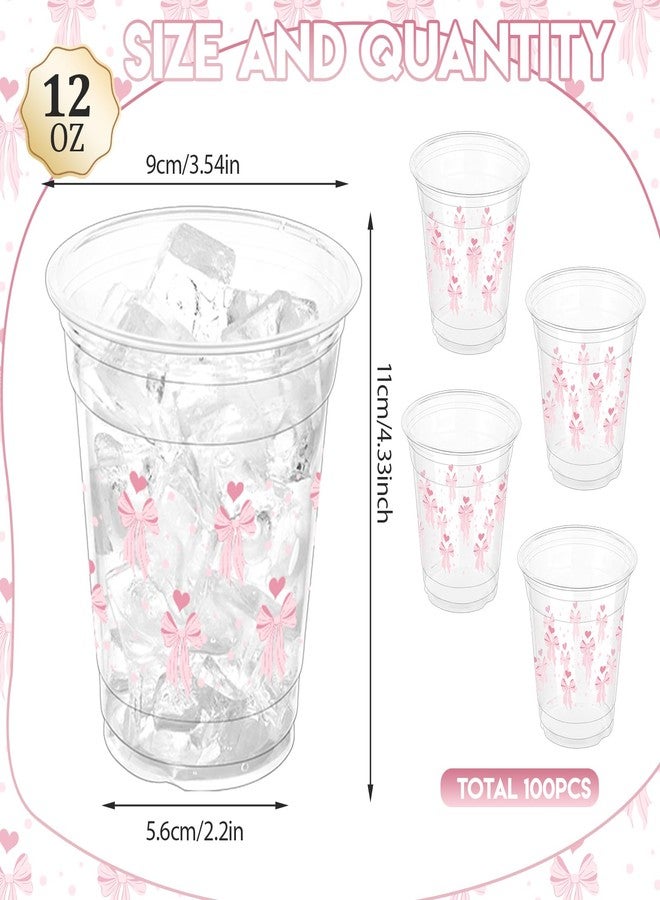 ZCPTZ 100 Pcs Pink Bow Disposable Plastic Cups, 12 oz Cute Bow Drinking Cup Bow Clear Plastic Cups for Pink Party Bridal Shower Wedding Birthday Party Supplies - Image 2