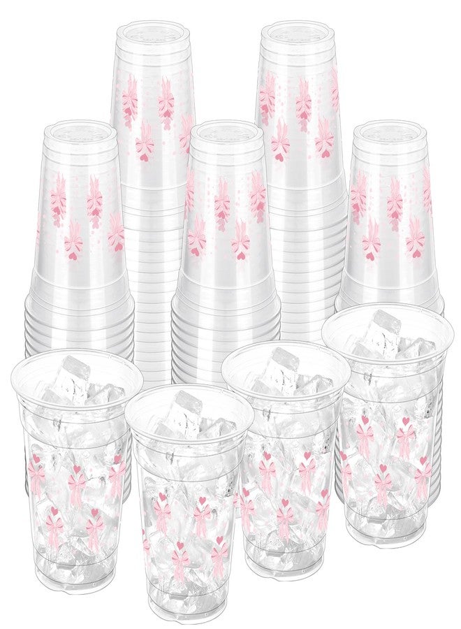 ZCPTZ 100 Pcs Pink Bow Disposable Plastic Cups, 12 oz Cute Bow Drinking Cup Bow Clear Plastic Cups for Pink Party Bridal Shower Wedding Birthday Party Supplies - Image 1