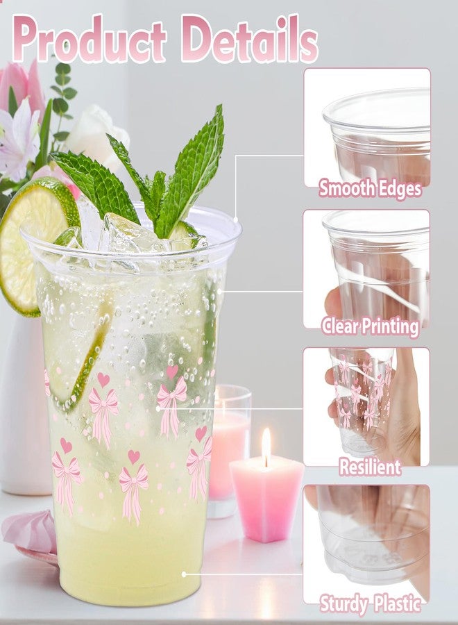 ZCPTZ 100 Pcs Pink Bow Disposable Plastic Cups, 12 oz Cute Bow Drinking Cup Bow Clear Plastic Cups for Pink Party Bridal Shower Wedding Birthday Party Supplies - Image 3