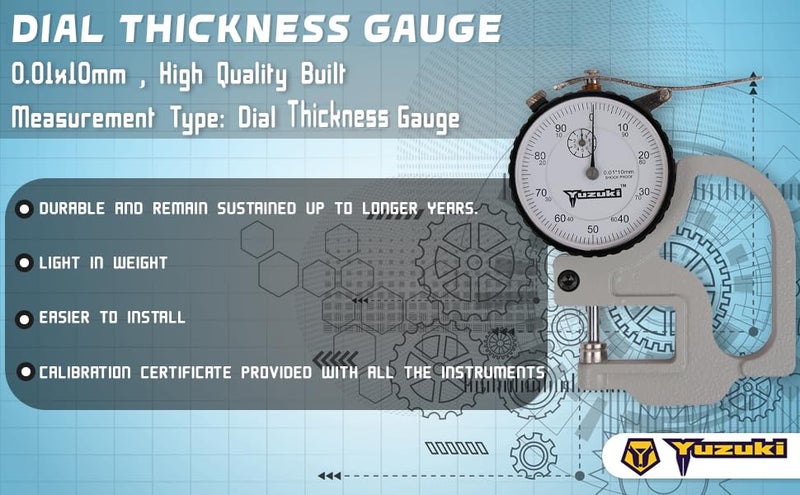 YUZUKI Dial Thickness Gauge – 0.01mm Precision, 10mm Measuring Range, High-Accuracy Measurement Tool for Surface Thickness - Image 3