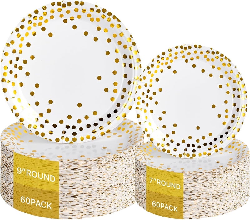 Lullaby 120PCS White Paper Plates Disposable Gold Paper Plates 60pcs Dinner Plates 960pcs Dessert Plates 7 Party Plates with Golden Dot for Birthday Gathering and Graduation