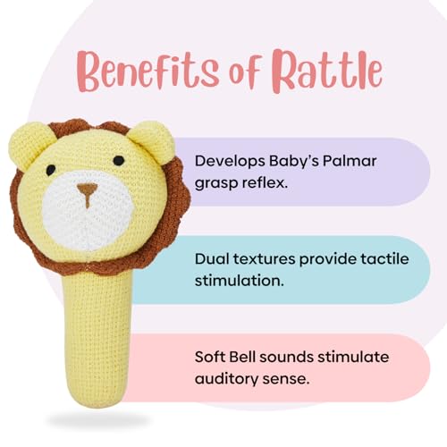 Haus & Kinder Leo Baby Rattle Toy – Pack of 1 | Lion-Shaped Knitted Rattle for Newborns | Soft Yellow Cotton with Polyfibre Filling, Sensory Rattle, 15 cm, 0-2 Years | Safe First Toy for Babies - Image 5