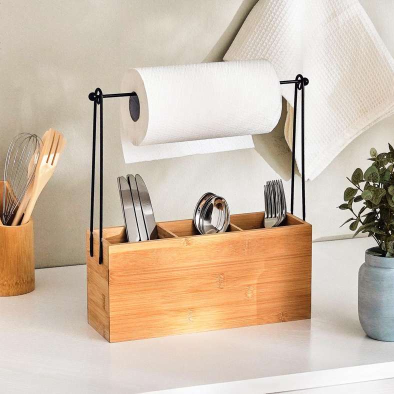 Natura Bamboo Caddy With Kitchen Roll Holder 32x10x30cm - Natural