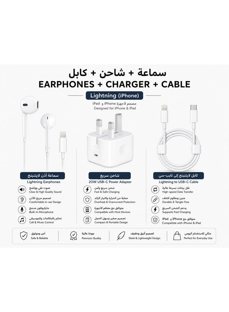 تنبلس شاحن جداري سريع 3 في 1 لجهاز iPhone 20W USB C + كابل USB C إلى Lightning + سماعات أذن موصل Lightning متوافقة مع iPhone 14/14 Pro/14 Pro Max/13/12/SE2020/11/XR/XS Max/X/iPad أبيض - Image 1