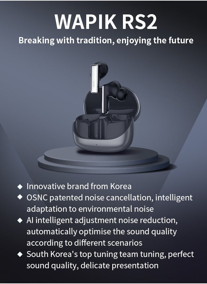 WAPIK - Korean Brand RS2 True Wireless Earpods,  6 Mics Hybrid ANC with AI Wind Noise Reduction, -42dB Noise Cancelling, Transparency Mode, Normal Mode, ANC Mode, 30-Hour Battery Life, Bluetooth 5.4, IPX5 Waterproof, Powerful Bass - Image 1