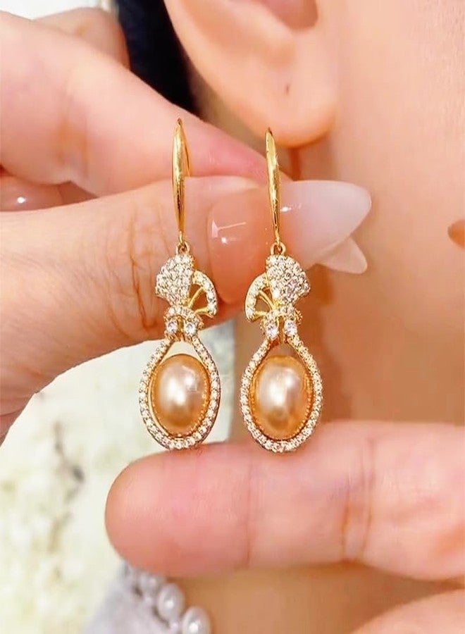 AMAAL Pearl Drop Earrings for Women & Girls | Korean Style Gold Bow Design Ear rings | AD Stone Studded Pearl Dangler Ear rings | Western Stylish Jewellery | Valentine Gift for Girlfriend -247 - Image 2