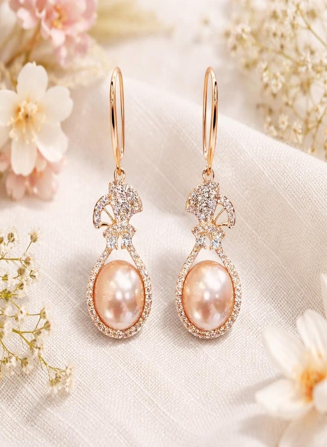 AMAAL Pearl Drop Earrings for Women & Girls | Korean Style Gold Bow Design Ear rings | AD Stone Studded Pearl Dangler Ear rings | Western Stylish Jewellery | Valentine Gift for Girlfriend -247 - Image 3