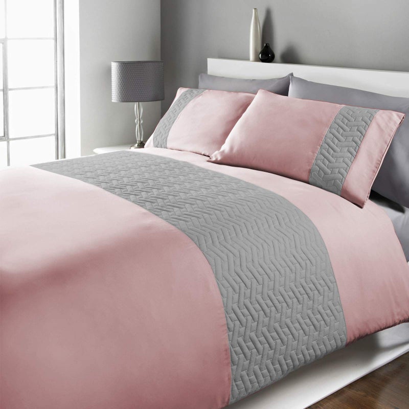 Brentfords Pinsonic Duvet Cover with Pillow Case Embossed Embroidered Geometric Panel Bedding Set Blush Grey  King