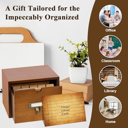 DLUGOPIS 3x5 Index Cards Holder Wood Index Card Organizer Box Flash Card Holder Recipe Cards Holder with Drawer 30 Pcs Vintage Library Cards 5 Kraft Dividers For Gifts Cards Home Office - Image 4