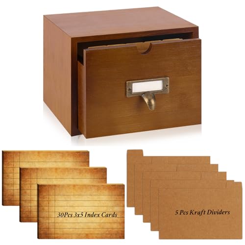 DLUGOPIS 3x5 Index Cards Holder Wood Index Card Organizer Box Flash Card Holder Recipe Cards Holder with Drawer 30 Pcs Vintage Library Cards 5 Kraft Dividers For Gifts Cards Home Office - Image 1