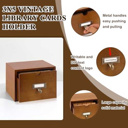 DLUGOPIS 3x5 Index Cards Holder Wood Index Card Organizer Box Flash Card Holder Recipe Cards Holder with Drawer 30 Pcs Vintage Library Cards 5 Kraft Dividers For Gifts Cards Home Office - Image 3
