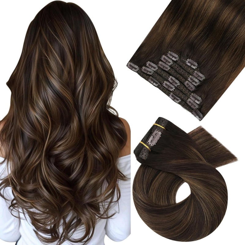Moresoo Clip in Hair Extensions Balayage Brown Real Hair Extensions Clip in Human Hair Dark Brown Mixed with Chestnut Brown Ombre 7pcs120g 22 Inch