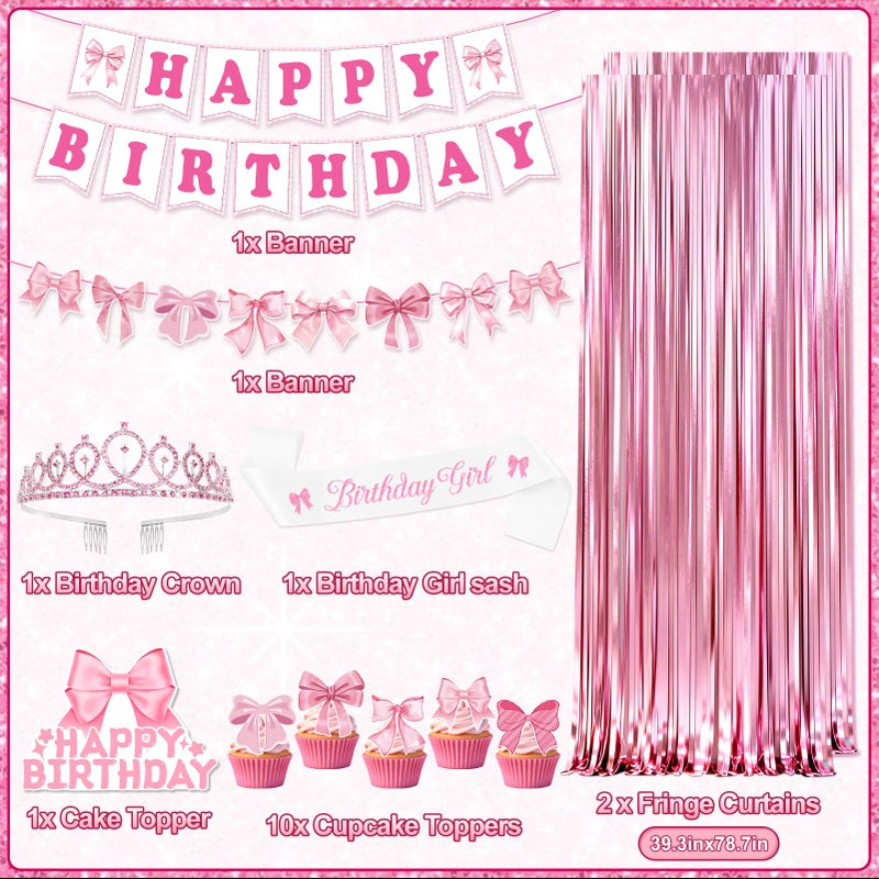REDWORD Pink Bow Birthday Decorations, 73PCs Pink Birthday Decorations for Girls Women Included BIRTHDAY GIRL Sash and Tiara Balloons Fringe Curtains Banner Bows Garland and Cake Toppers - Image 2