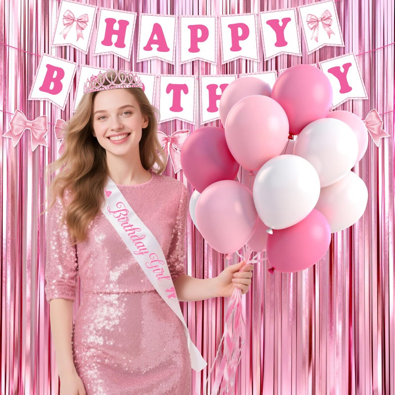REDWORD Pink Bow Birthday Decorations, 73PCs Pink Birthday Decorations for Girls Women Included BIRTHDAY GIRL Sash and Tiara Balloons Fringe Curtains Banner Bows Garland and Cake Toppers - Image 5