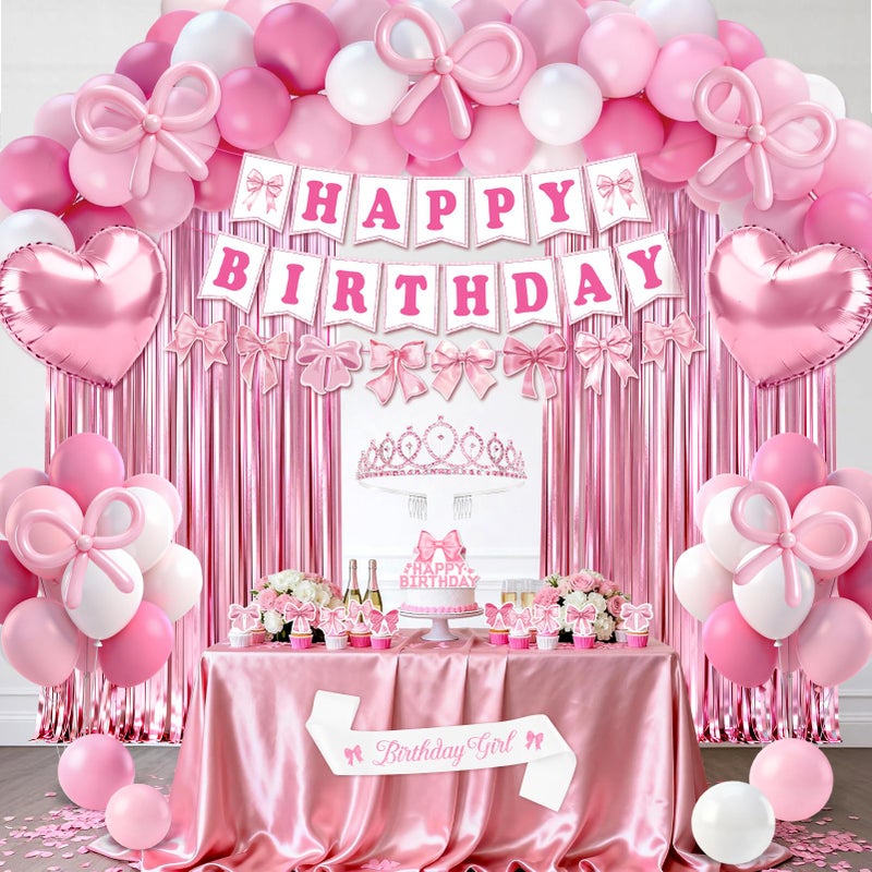 REDWORD Pink Bow Birthday Decorations, 73PCs Pink Birthday Decorations for Girls Women Included BIRTHDAY GIRL Sash and Tiara Balloons Fringe Curtains Banner Bows Garland and Cake Toppers - Image 1