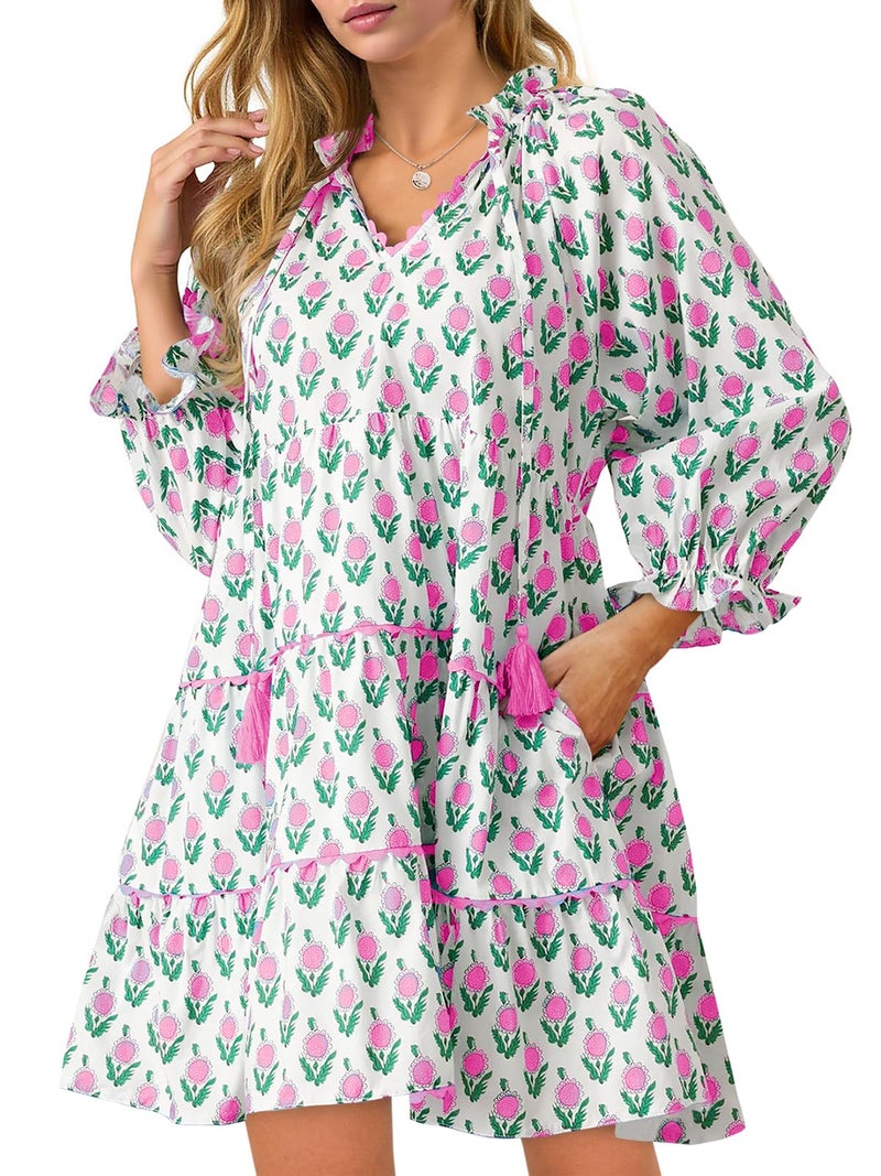 Wenrine Womens Casual Mini Dress Long Sleeve Floral Ruffle V Neck Fall Loose Boho Babydoll Dresses with Pockets Pink - Image 1