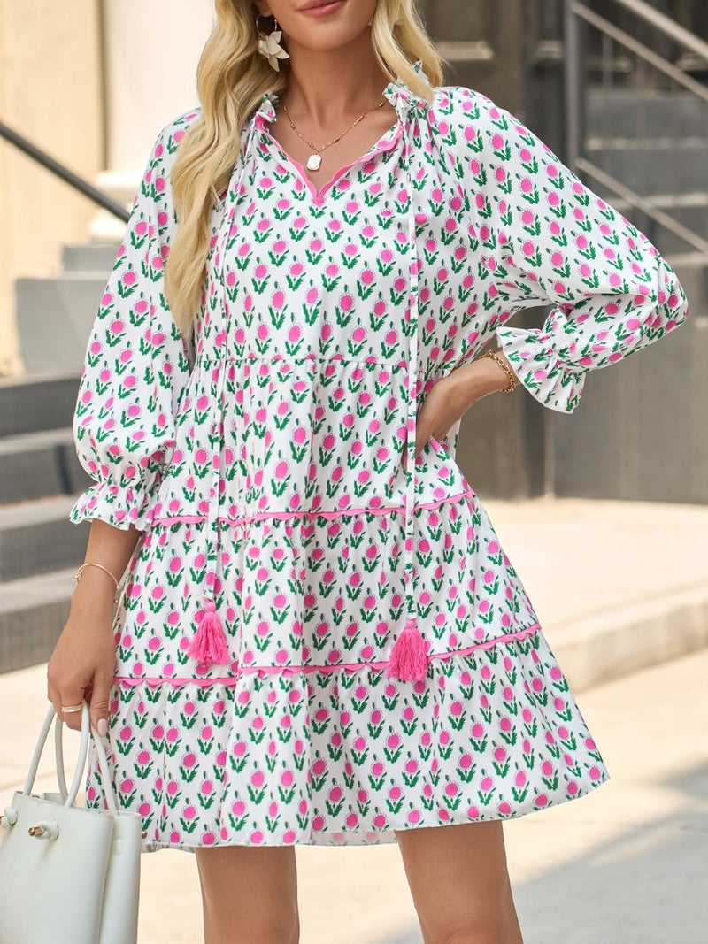 Wenrine Womens Casual Mini Dress Long Sleeve Floral Ruffle V Neck Fall Loose Boho Babydoll Dresses with Pockets Pink - Image 5