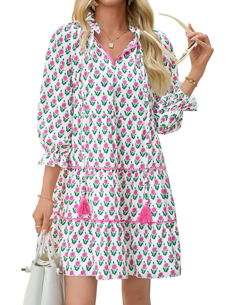 Wenrine Womens Casual Mini Dress Long Sleeve Floral Ruffle V Neck Fall Loose Boho Babydoll Dresses with Pockets Pink - Image 2