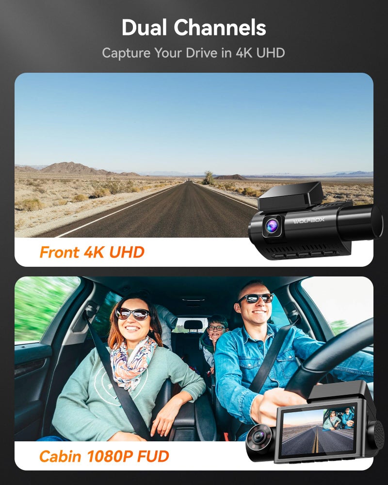 WOLFBOX i07 3 Channel Dash Cam Built-in WiFi GPS, 4K Dash Camera Front and Inside, 1440P+1080P+1080P Triple Car Camera with 3" LCD Screen, 32GB Card Included, IR Night Vision, 24H Parking Mode - Image 3