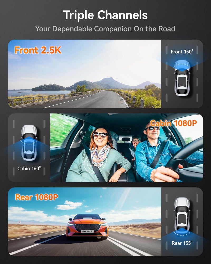 WOLFBOX i07 3 Channel Dash Cam Built-in WiFi GPS, 4K Dash Camera Front and Inside, 1440P+1080P+1080P Triple Car Camera with 3" LCD Screen, 32GB Card Included, IR Night Vision, 24H Parking Mode - Image 2