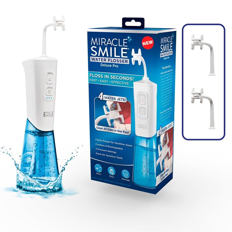 Ontel Miracle Smile Water Flosser for Teeth&Gum Health, Unique H-Shaped Flossing Head&4 Water Jets, Cordless Water Flosser Features 360° Cleaning&3 Pressure Modes, USB Rechargeable Dental Floss, White - Image 1