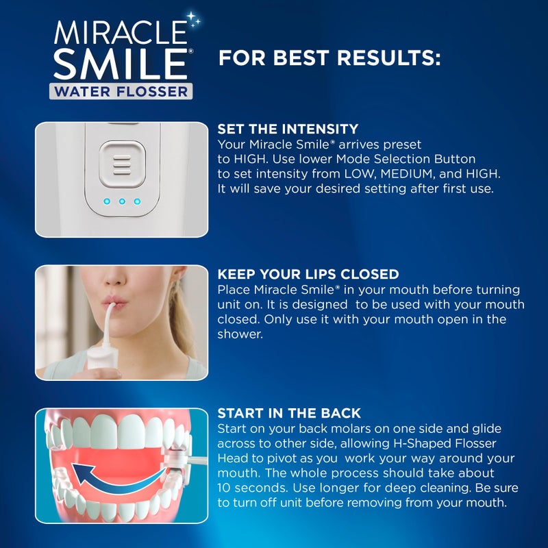 Ontel Miracle Smile Water Flosser for Teeth&Gum Health, Unique H-Shaped Flossing Head&4 Water Jets, Cordless Water Flosser Features 360° Cleaning&3 Pressure Modes, USB Rechargeable Dental Floss, White - Image 5