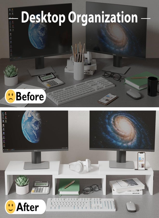 BONTEC Dual Monitor Stand Riser with Smartphone Holder, Adjustable Length & Swivel Angle, Ergonomic Wooden Desktop Organizer for PC Monitor, Laptop, Printer, Large Storage, White - Image 2