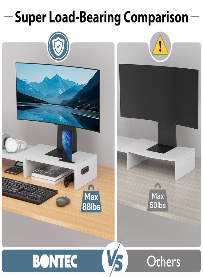 BONTEC Dual Monitor Stand Riser with Smartphone Holder, Adjustable Length & Swivel Angle, Ergonomic Wooden Desktop Organizer for PC Monitor, Laptop, Printer, Large Storage, White - Image 5