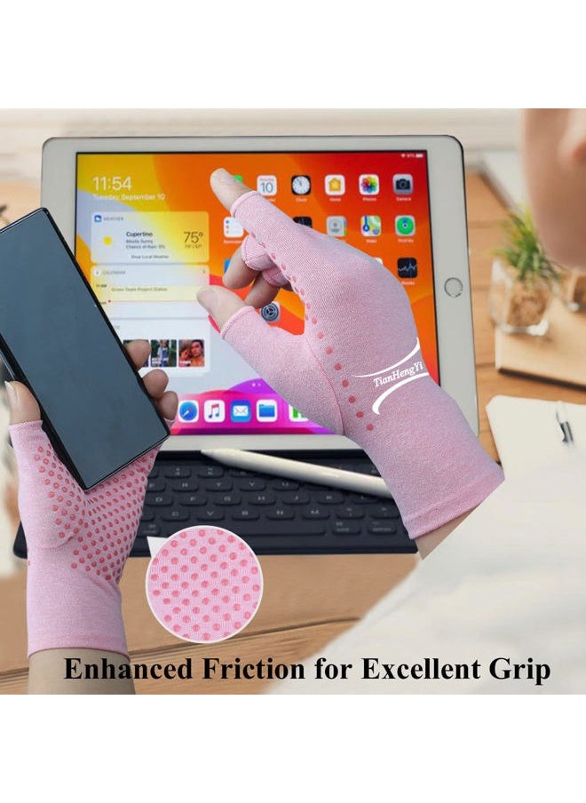 TianHengYi 2 Pairs Arthritis Gloves for Pain Relief, Compression Gloves for Arthritis, Carpal Tunnel, Osteoarthritis, Joint, Typing, Driving, Fingerless Hand Gloves for Women Men (Pink1+Pink1, Small)  - Image 3