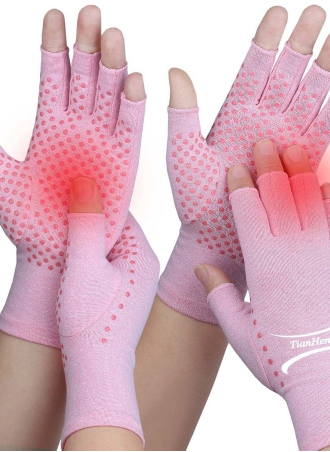 TianHengYi 2 Pairs Arthritis Gloves for Pain Relief, Compression Gloves for Arthritis, Carpal Tunnel, Osteoarthritis, Joint, Typing, Driving, Fingerless Hand Gloves for Women Men (Pink1+Pink1, Small)  - Image 1