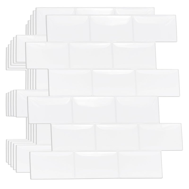 WALPLUS Upgrade Thicker 3D Tile Stickers Peel and Stick Backsplash Splashback Decals Transfer for Kitchen Bathroom Living Room on Waterproof Pure White Glossy 20pcs 154x305cm WT3D1808