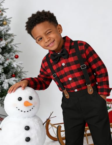 A&J DESIGN Boys Christmas Outfits Toddler Suit Kids Tartan Gentleman Dress Clothes 5-6 Years Plaid Red - Image 3