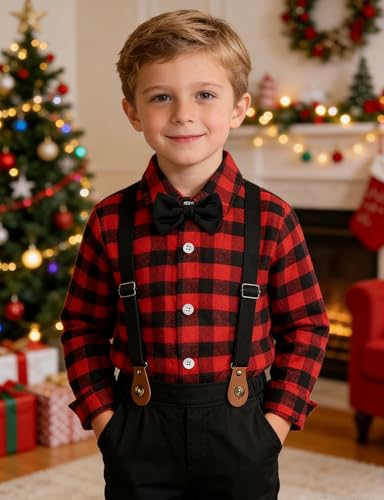 A&J DESIGN Boys Christmas Outfits Toddler Suit Kids Tartan Gentleman Dress Clothes 5-6 Years Plaid Red - Image 2