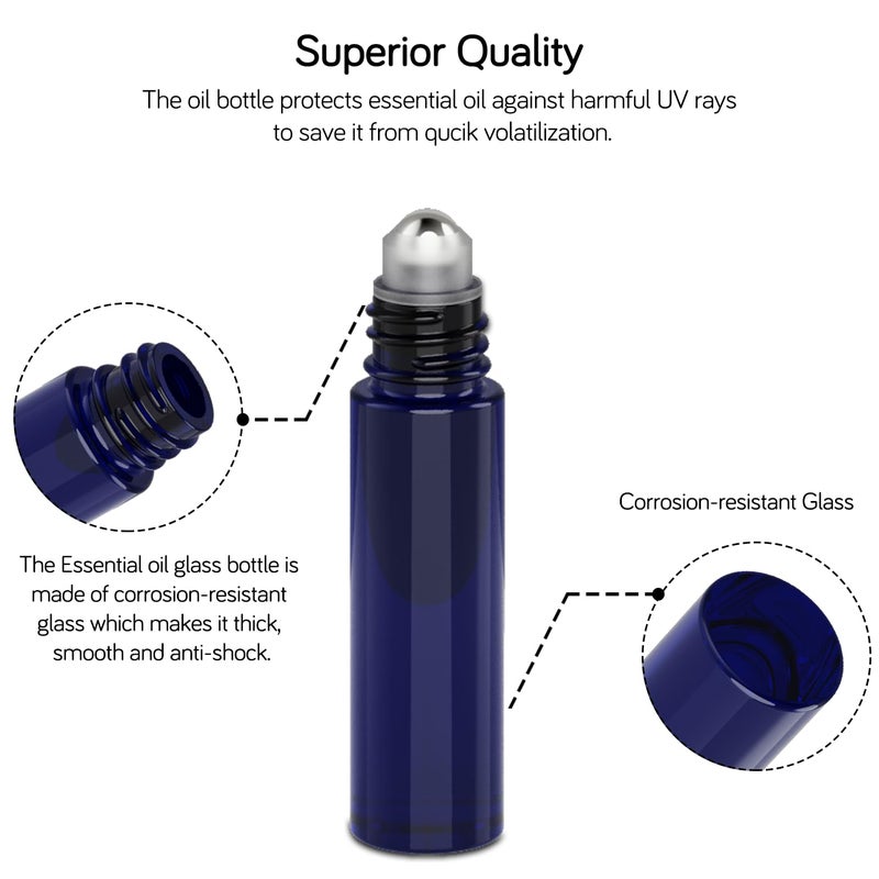 PrettyCare Roller Bottles For Oils 10 ml (Amber Glass and Blue Glass, 6 Pack, 1 Extra Stainless Steel Balls, 12 Labels, 1 Opener, 1 Funnels Essential Oil Roller Bottles, Roller on Bottles - Image 3