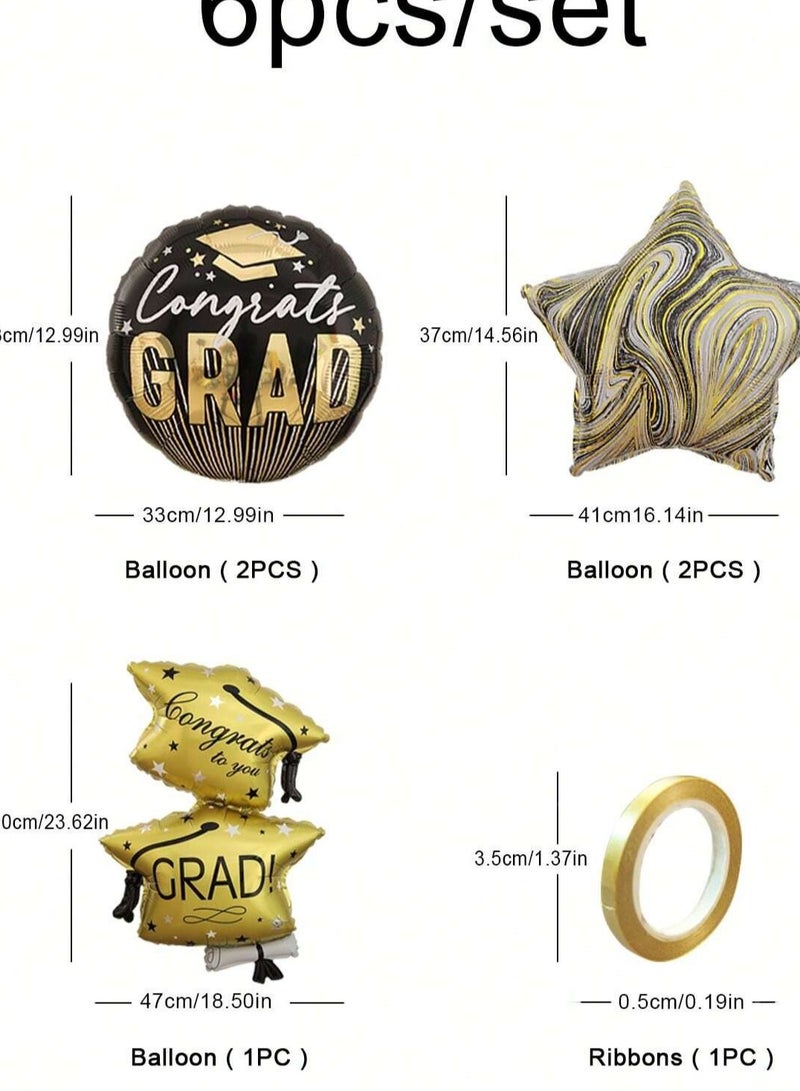 Graduation Decorations Graduation Balloons Set of 6 pieces containing gold and black balloons in different designs including a double gold graduation cap balloon, a star design, a congratulations ba - Image 2