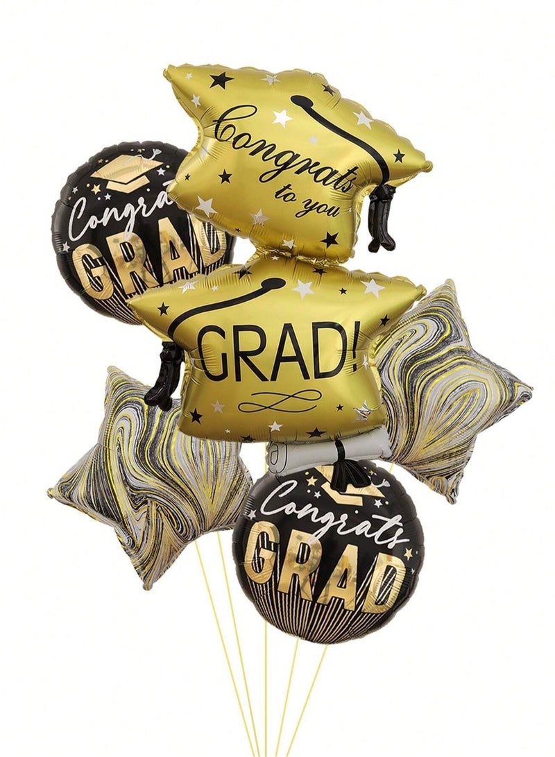 Graduation Decorations Graduation Balloons Set of 6 pieces containing gold and black balloons in different designs including a double gold graduation cap balloon, a star design, a congratulations ba - Image 1