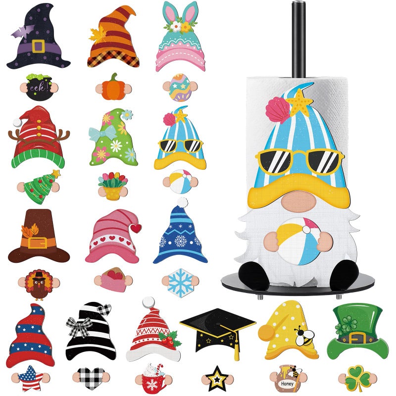 Otoolling Holiday Interchangeable Paper Towel Holder Patriotic Countertop Gnome Metal Stand Towels Holder with 15 Set Magnets Decoration for Home 4th of July Summer Kitchen Accessories - Image 2