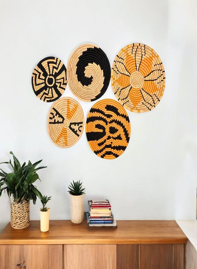 NATRIEL Handcrafted Sabai Grass Plate Handmade Wall Décor Eco-Friendly | Home Decor Handcrafted Decoration Bohemian Style Living Room Set of 5 (8" x2, 10" x2, 12" x1) (Chrom Yellow) - Image 1